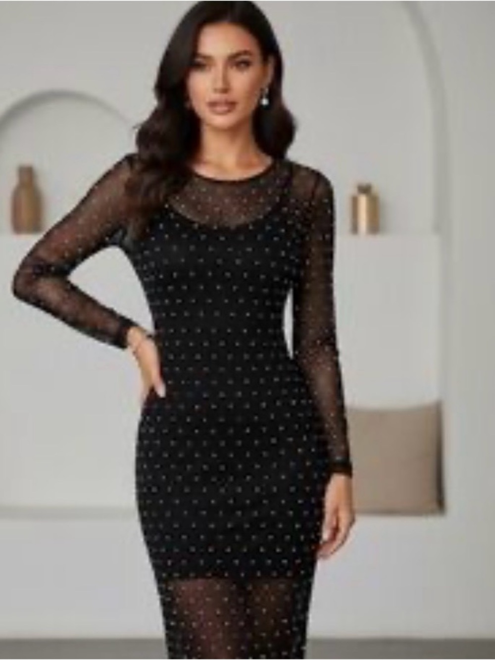 NEW Sincerely Jules Black Sheer Long-Sleeve PEARL RHINESTONE Embellished Dress M